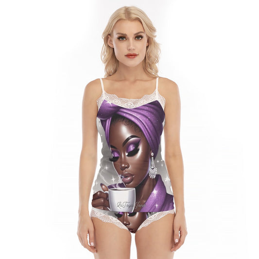 All-Over Print Women's Pajama Set With Lace Edge