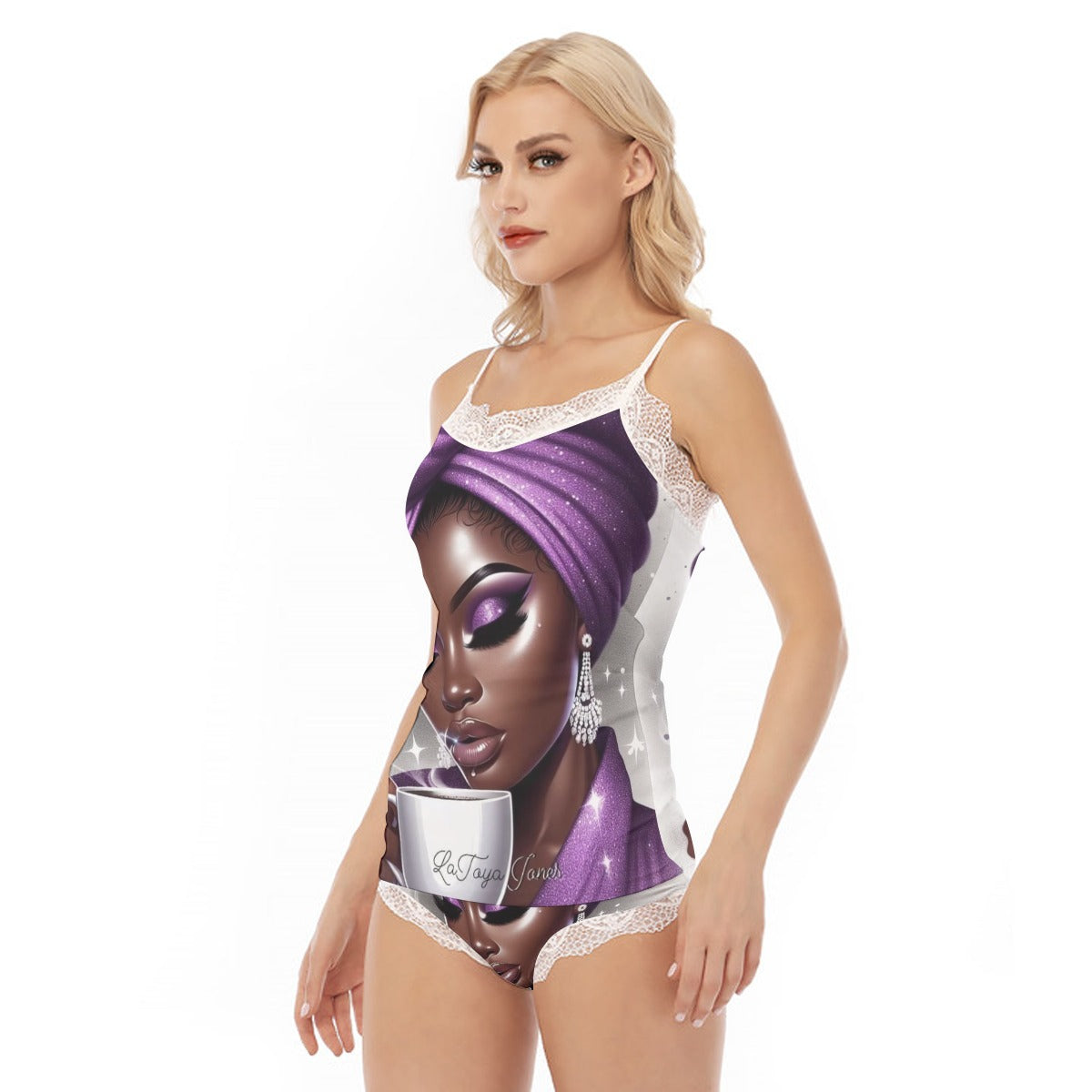 All-Over Print Women's Pajama Set With Lace Edge