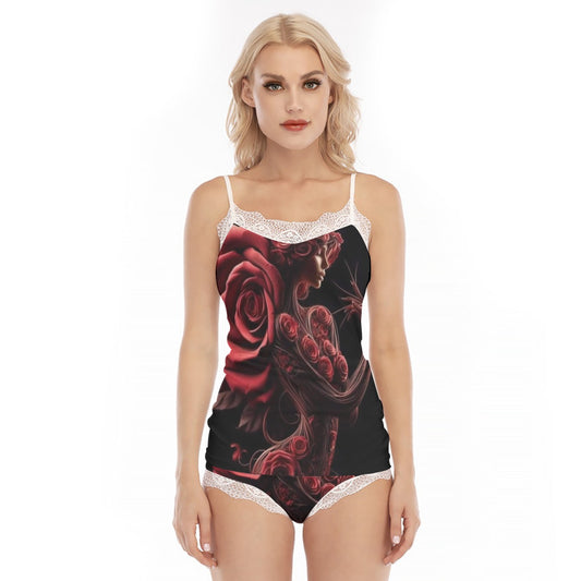 All-Over Print Women's Pajama Set With Lace Edge